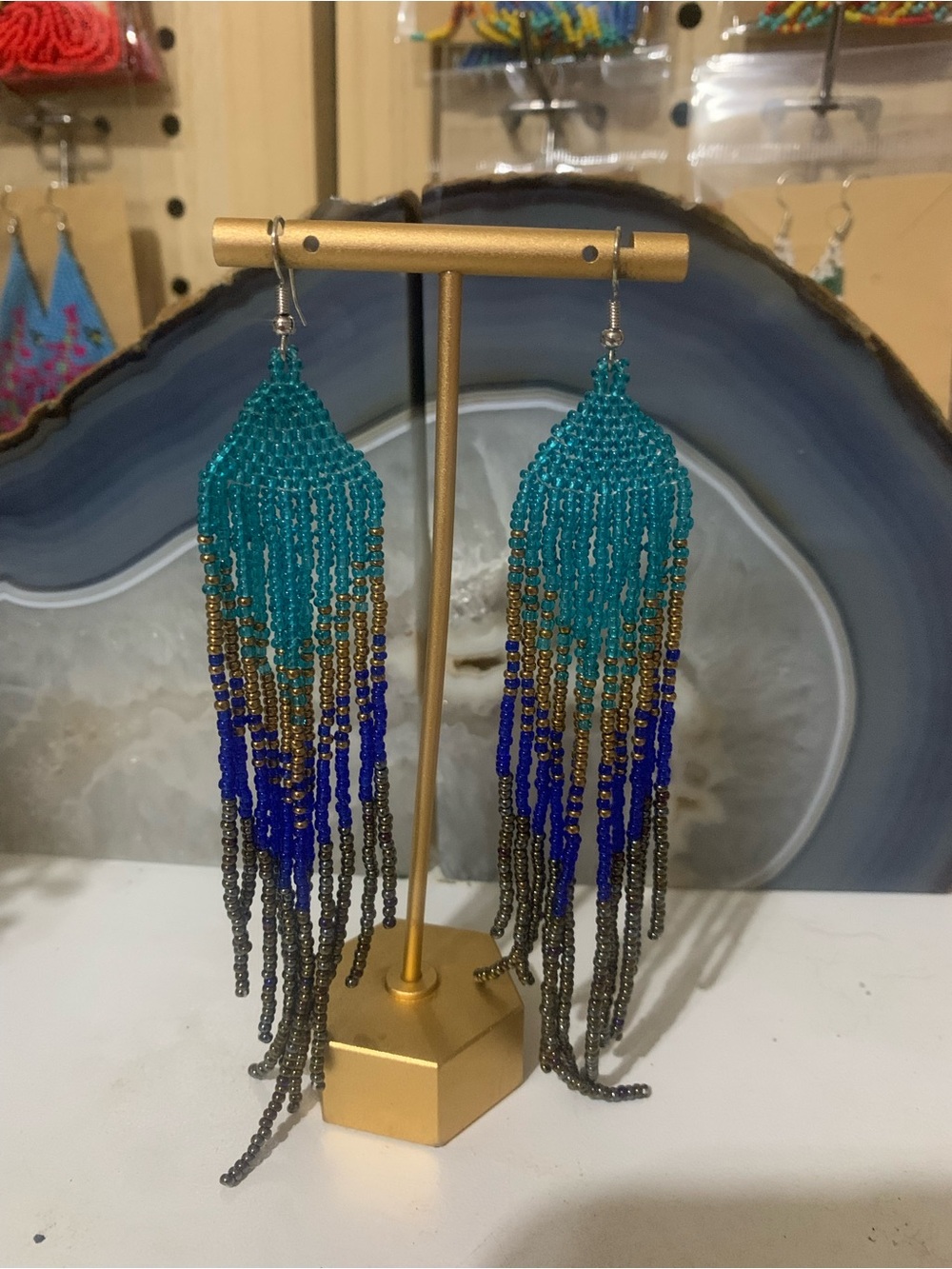 Beaded Teal and Royal Blue Fringe Earrings